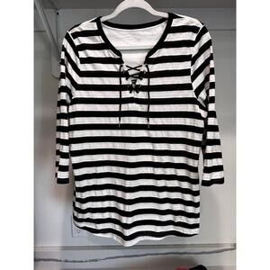 FDJ‎ Women's 3/4 Sleeve Striped Blouse Tie Up  Black White Size Large